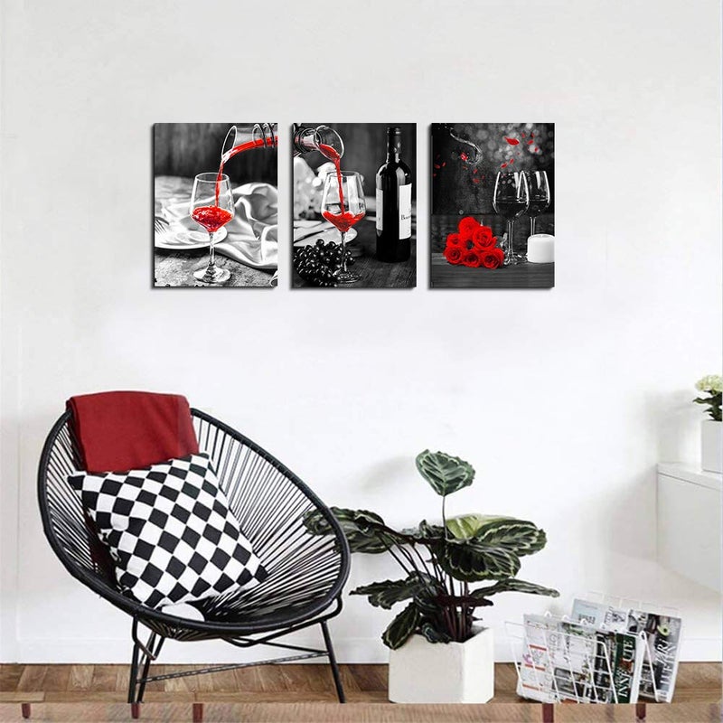 TTHYUEWS Kitchen Wall Art For Dining Room Wall Decor Still Life Black And White Canvas Art Prints Wine Barrel Bar Red Rose Painting Modern Family Wall Decorations Restaurant Bedroom Decor Artwork 3 Piece Set - Image 2